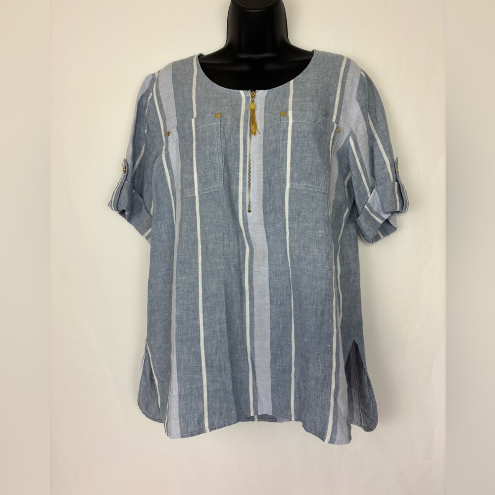 Ellen Tracy 100% Linen Women’s Sz L Blue & White Striped Shirt Goldtone Accents